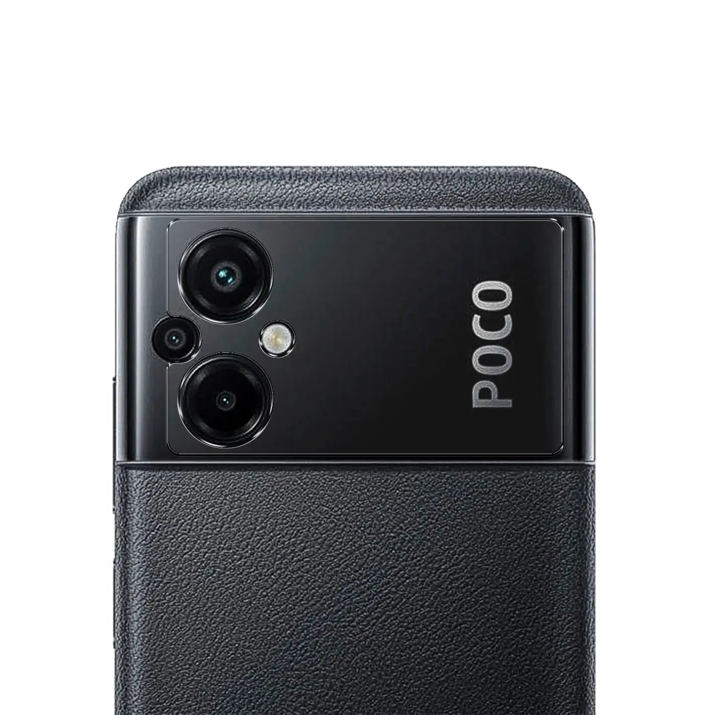 Rückseite eines schwarzen Xiaomi Poco M5 mit strukturiertem Gehäuse und glänzendem Kameramodul mit drei Linsen und Blitz.