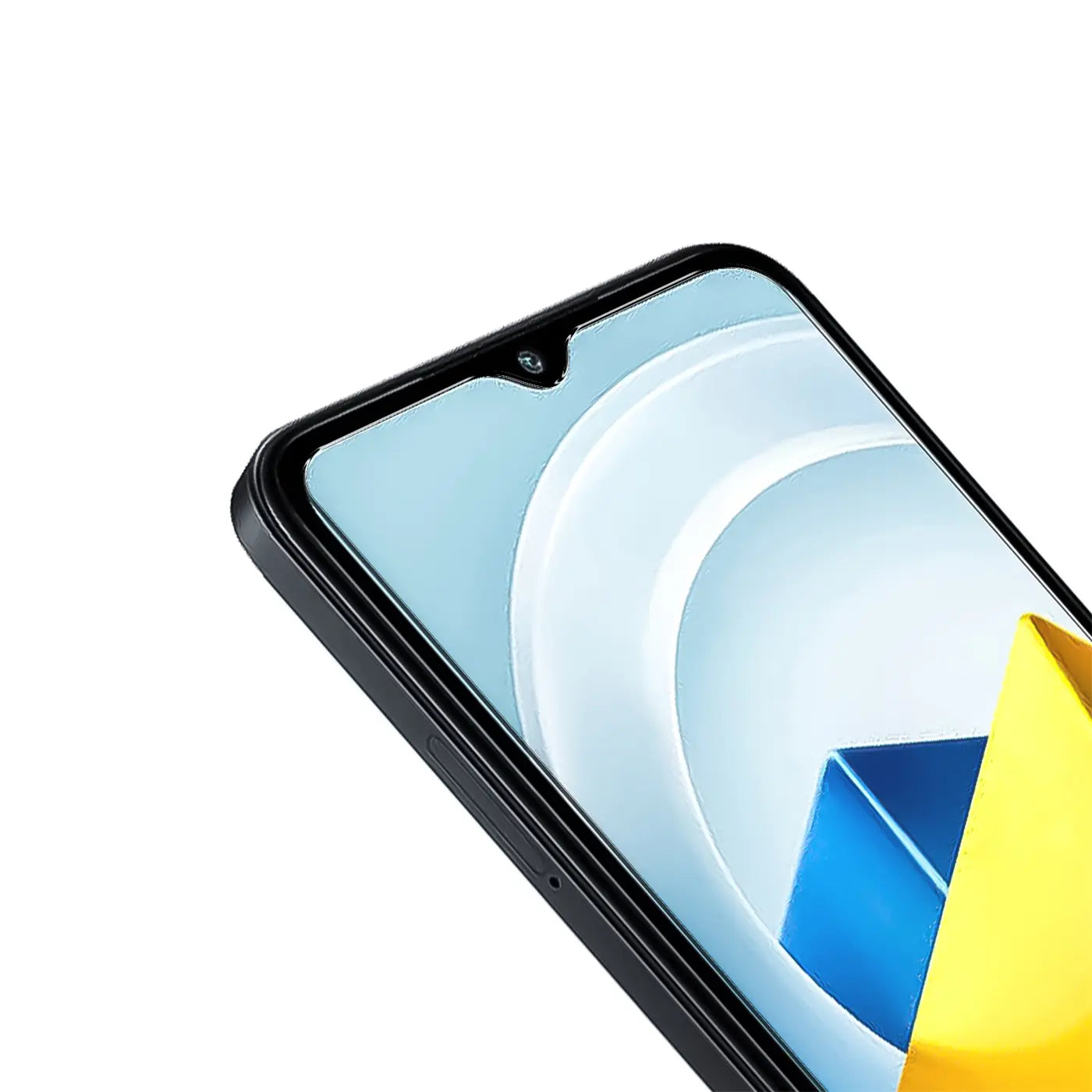 Schwarzes Xiaomi Poco M5 mit Schutzglas auf dem Display, schräg von oben rechts fotografiert.