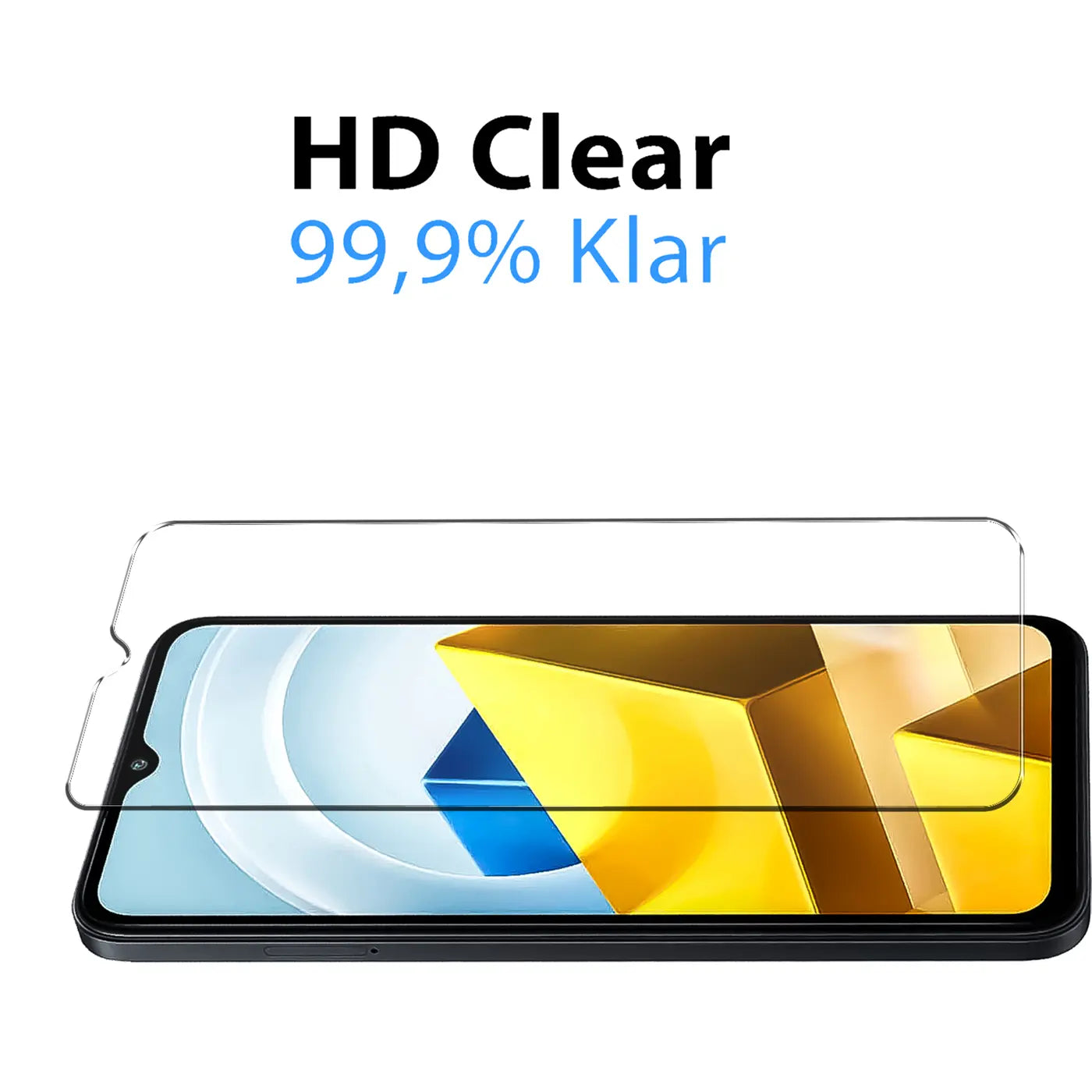 Klares Schutzglas für Xiaomi Poco M5, schräg über dem Display liegend, von oben rechts gesehen.