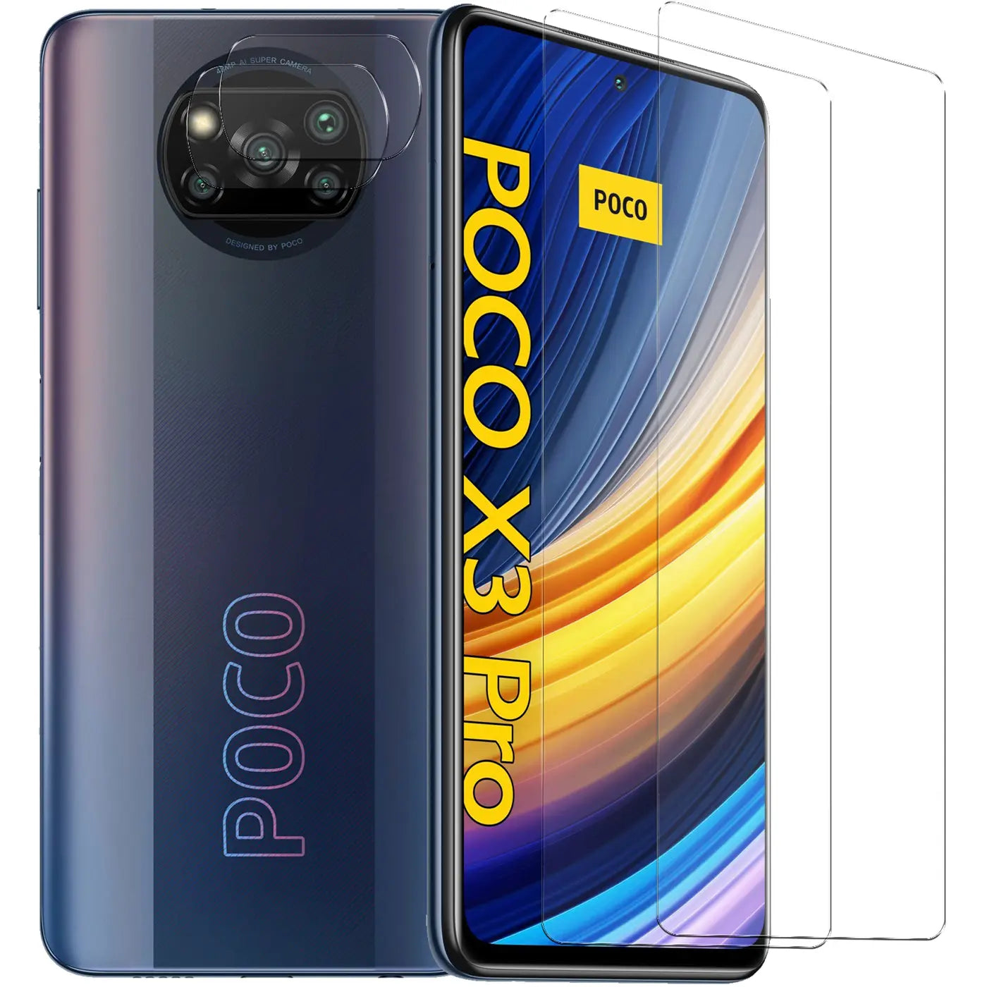 Dunkelblaues Xiaomi Poco X3 Pro von hinten und vorne, mit 2 Schutzgläsern für Display und 2 für Kamera.