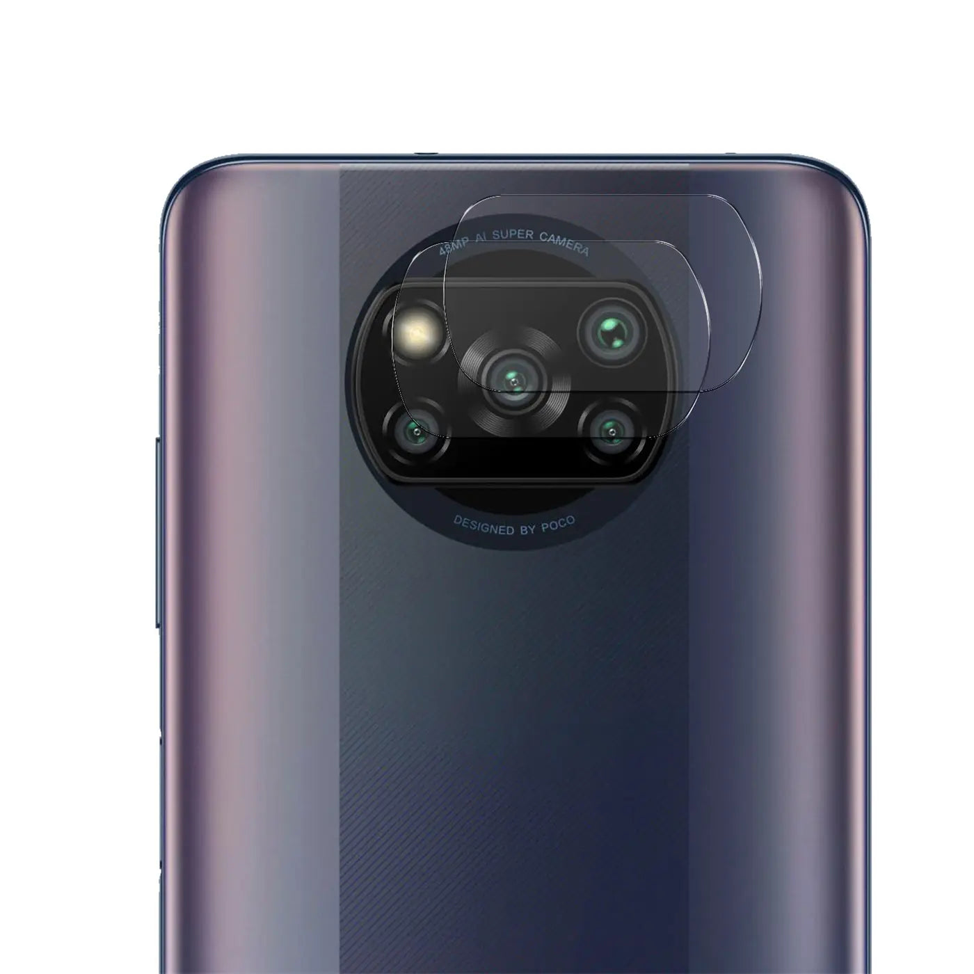 Rückseite eines dunkelblauen Xiaomi Poco X3 / X3 Pro mit klarem Schutzglas auf der Kamera, leicht schräg von oben.