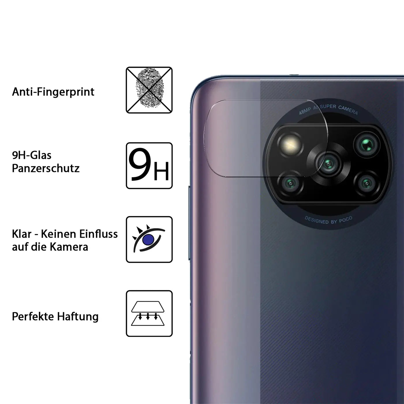 Rückseite eines dunkelblauen Xiaomi Poco X3/X3 Pro Smartphones mit aufgelegtem, transparentem Kameraschutzglas.