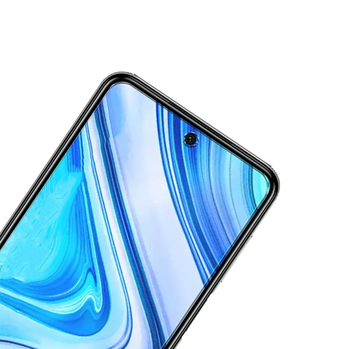Nahaufnahme des oberen rechten Bereichs eines Xiaomi Poco X3 / X3 Pro mit Schutzglas, schräg von oben.