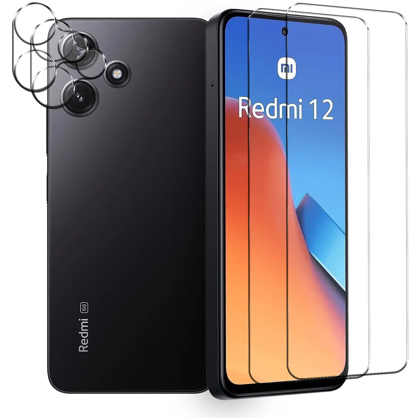 Schutzglas-Set für Xiaomi Redmi 12: 3 transparente Displayschutzfolien und 3 Kameraschutzgläser, schräg von vorne.