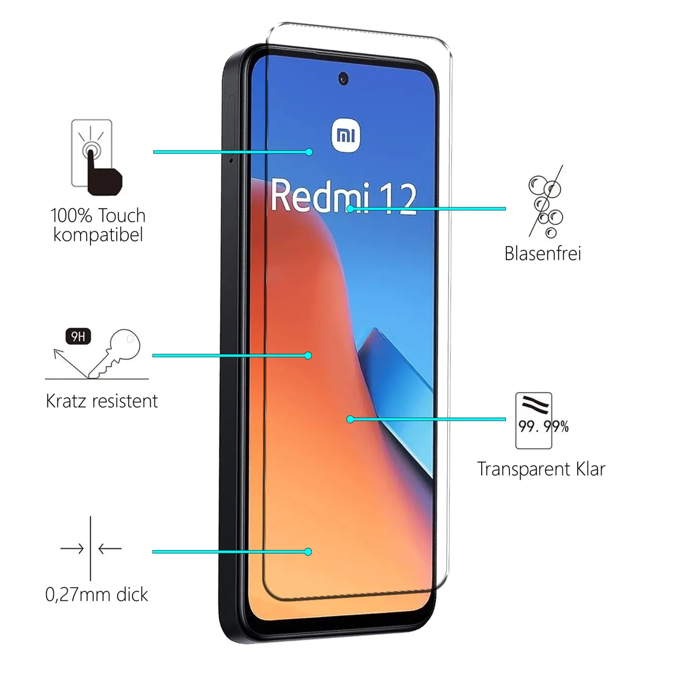 Schutzglas auf schwarzem Xiaomi Redmi 12 Handy, leicht schräg von vorne rechts, mit Merkmalen wie "Kratz resistent".