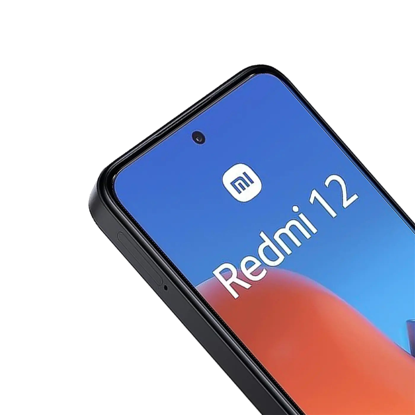Schwarzes Xiaomi Redmi 12 Smartphone, Display mit "Redmi 12" Schriftzug, von oben rechts nach unten links gekippt.
