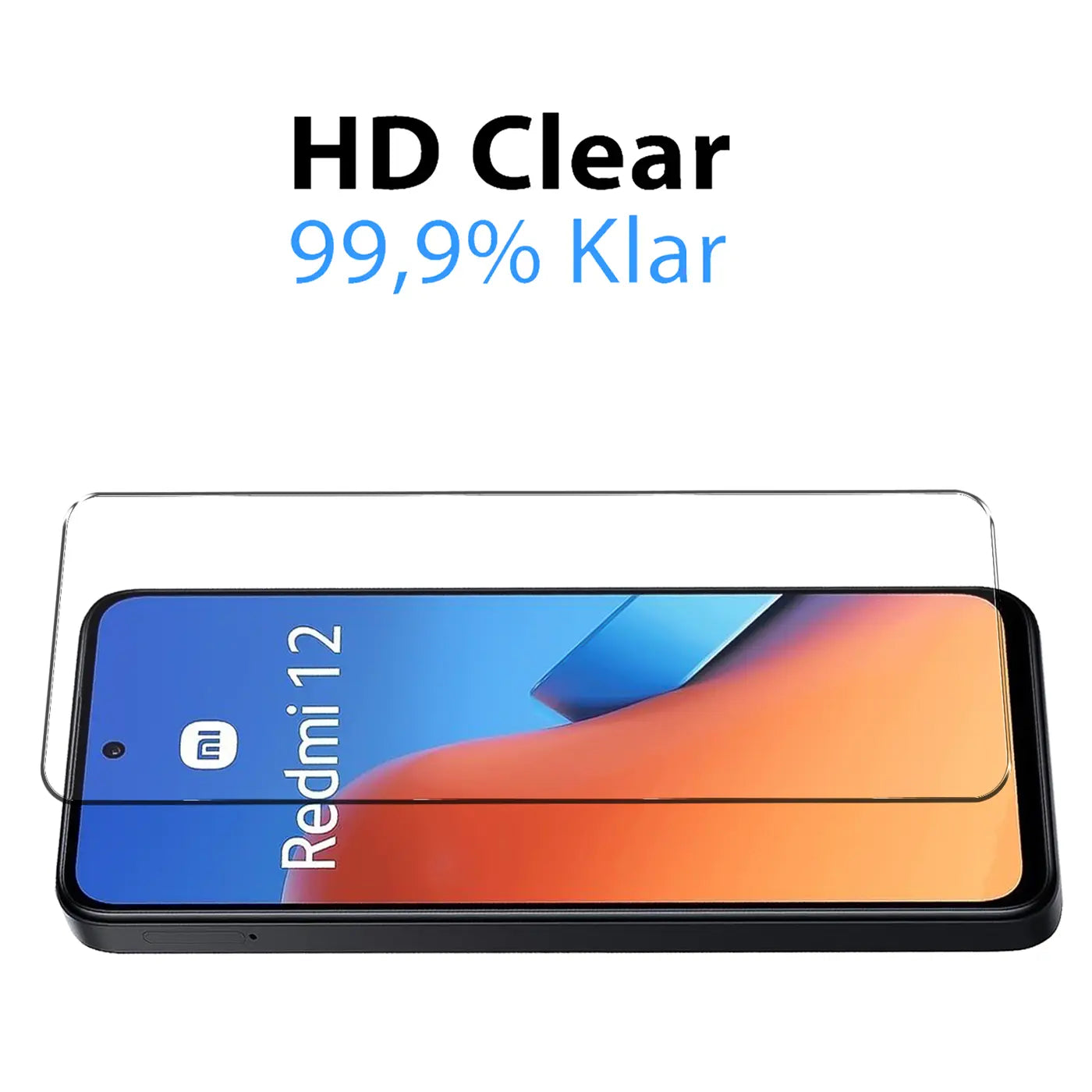 Klares Schutzglas liegt über einem schwarzen Xiaomi Redmi 12, das Display zeigt "Redmi 12". Oben steht "HD Clear 99,9% Klar".