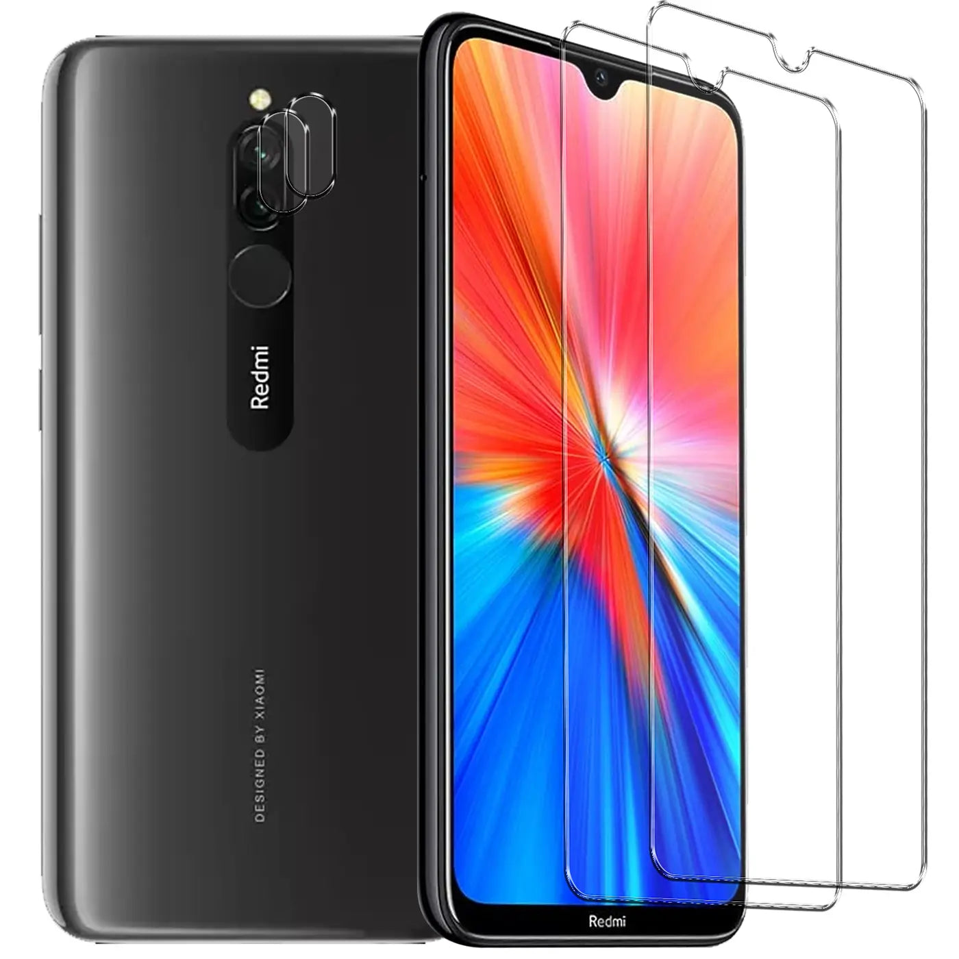 Schwarzes Xiaomi Redmi 8 Smartphone mit zwei transparenten Schutzgläsern für Display und zwei für Kamera, schräg von vorne.