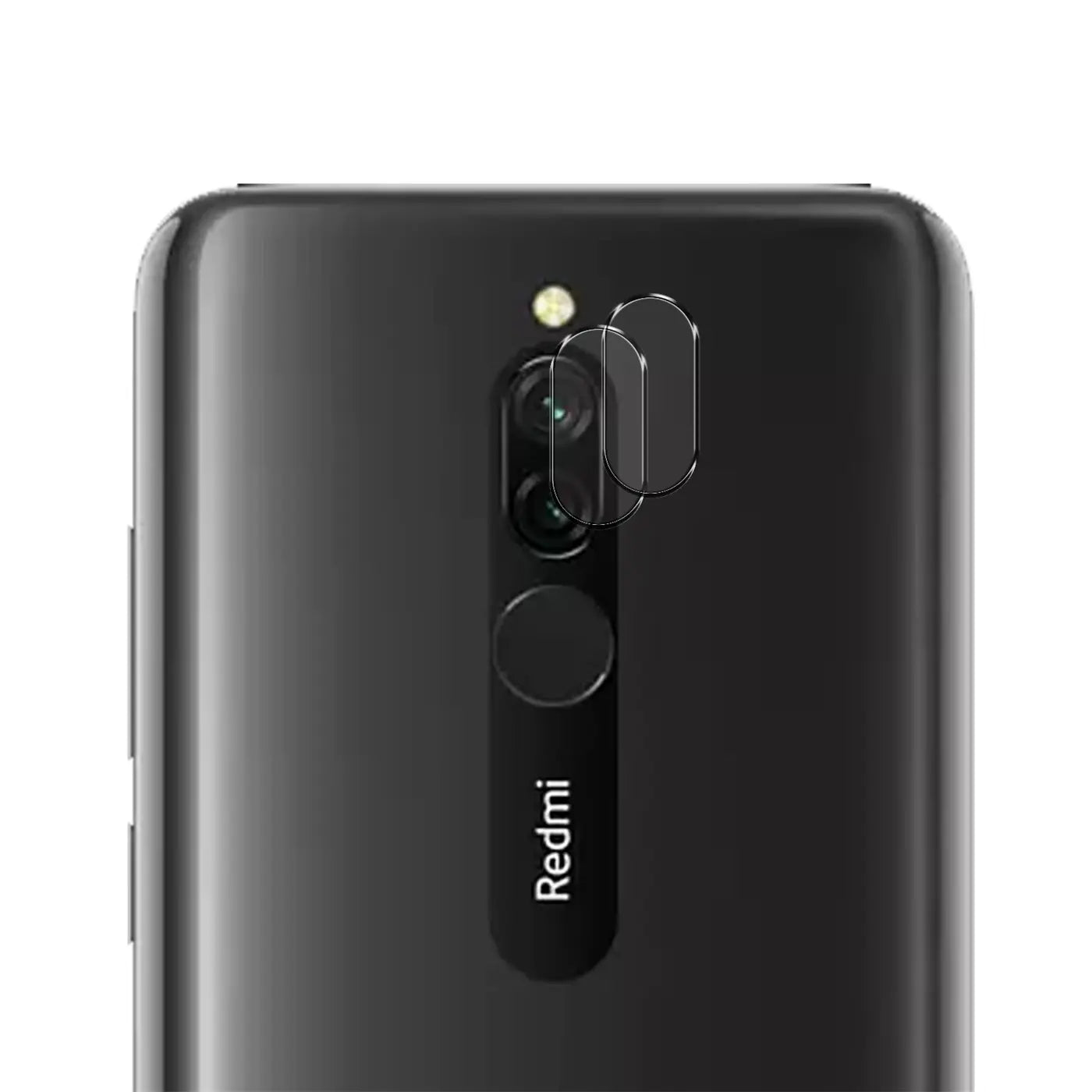Rückseite eines schwarzen Xiaomi Redmi 8 mit zwei transparenten Schutzgläsern auf der Kamera und einem auf dem Blitz.