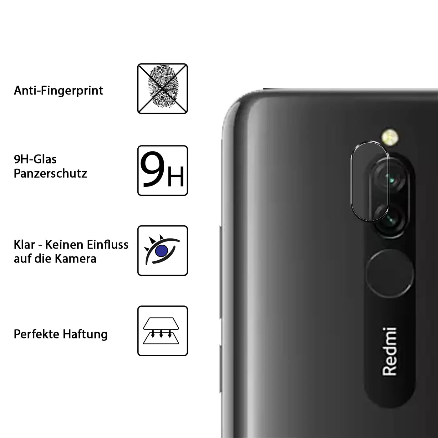 Rückseite eines schwarzen Xiaomi Redmi 8 mit transparentem Schutzglas auf der Kamera. Daneben Icons für Anti-Fingerprint.
