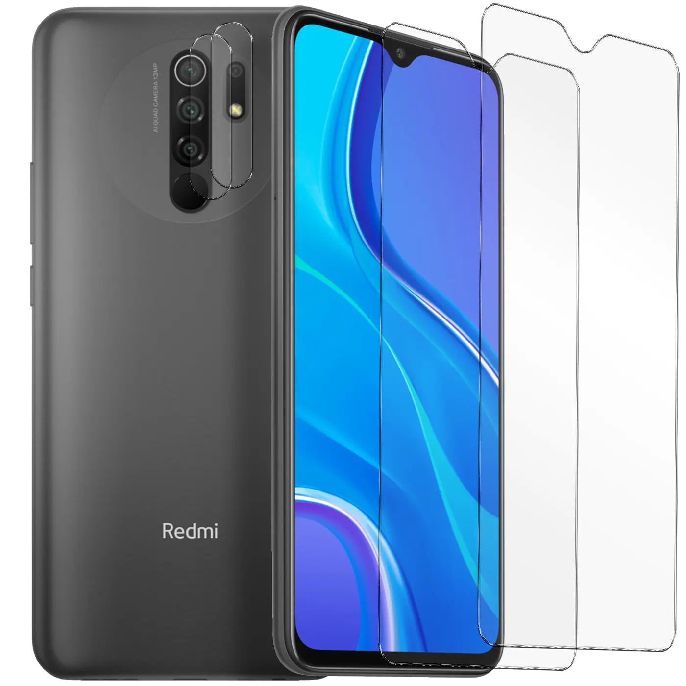 Graues Xiaomi Redmi 9 von hinten und vorne mit 2 Displayschutzgläsern und 2 Kameraschutzgläsern aus Glas.
