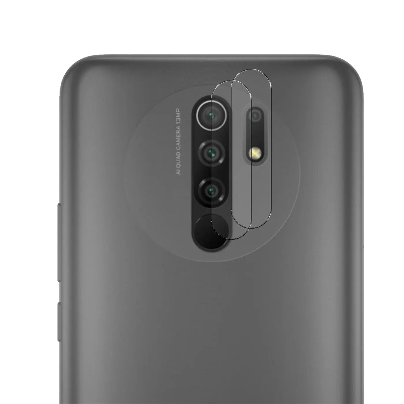Rückseite eines grauen Xiaomi Redmi 9 mit zwei transparenten Schutzgläsern auf der Kamera und dem Blitz, schräg von oben.
