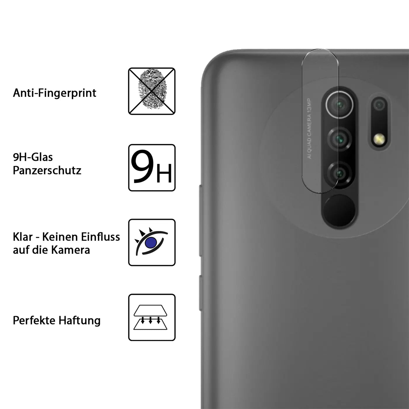 Rückseite eines grauen Xiaomi Redmi 9 mit transparentem Kameraschutzglas, daneben Symbole für Anti-Fingerprint, 9H-Glas und.