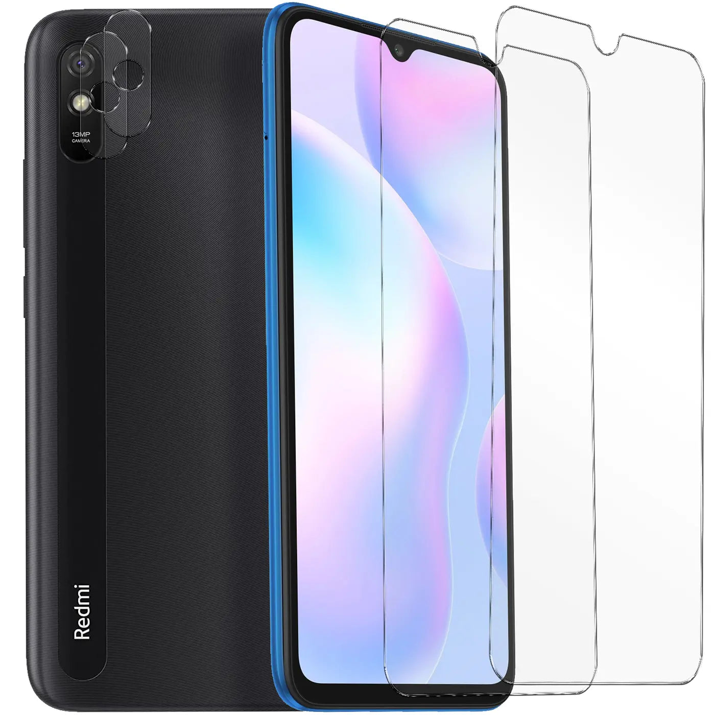 Schwarzes Xiaomi Redmi 9A von hinten und vorne mit 2 Displayschutzgläsern und 2 Kameraschutzgläsern aus Glas.