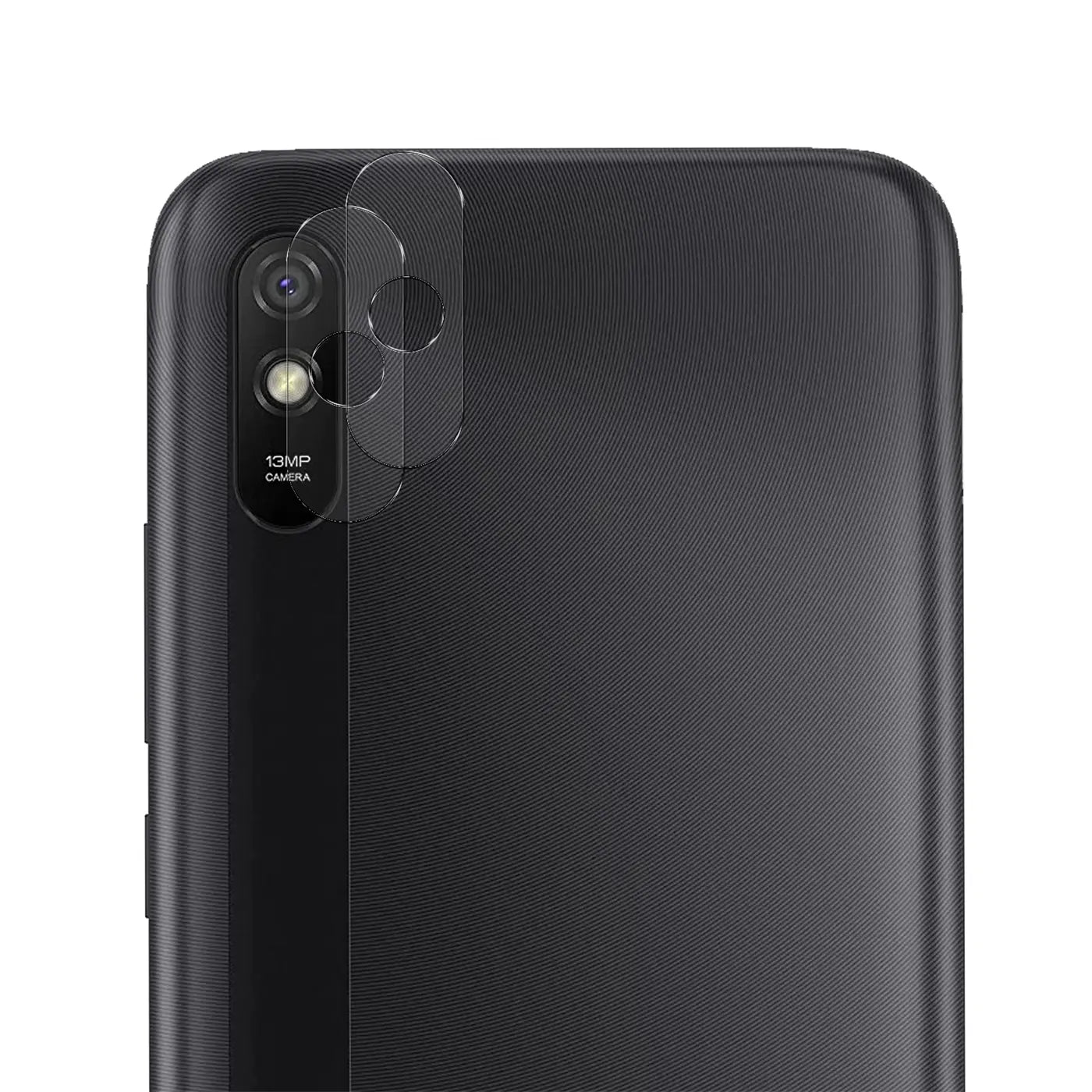 Transparente Schutzgläser für die Kamera des schwarzen Xiaomi Redmi 9A, von hinten oben links gesehen.