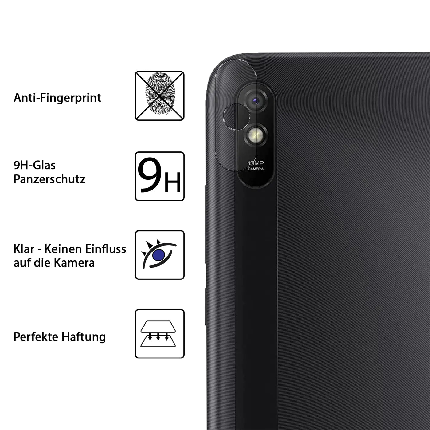 Schwarzes Xiaomi Redmi 9A Handy von hinten rechts oben, mit transparentem Schutzglas auf der Kamera.