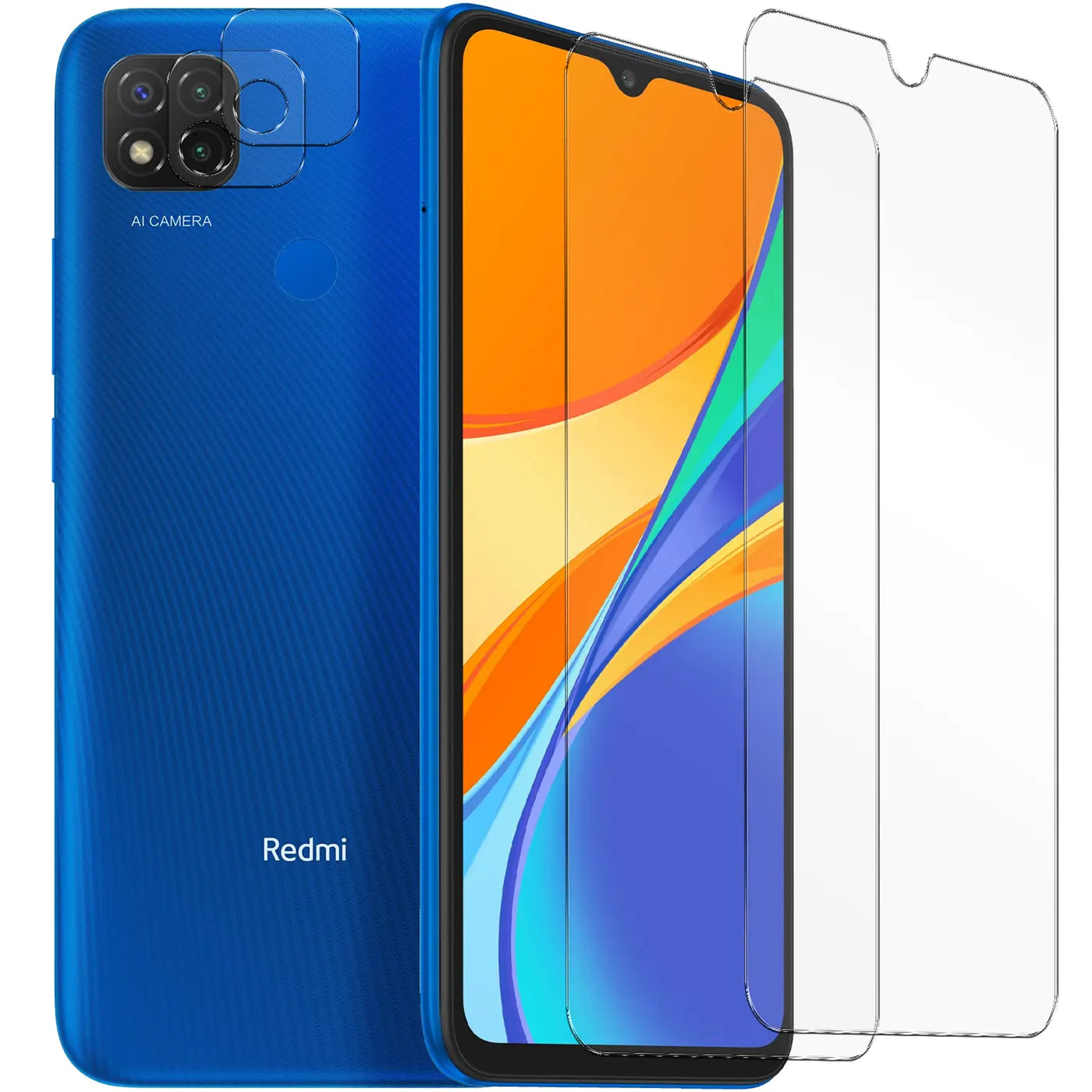 Blaues Xiaomi Redmi 9C Smartphone, Rückseite mit Kameraschutzglas, Vorderseite mit 2 Displayschutzgläsern.