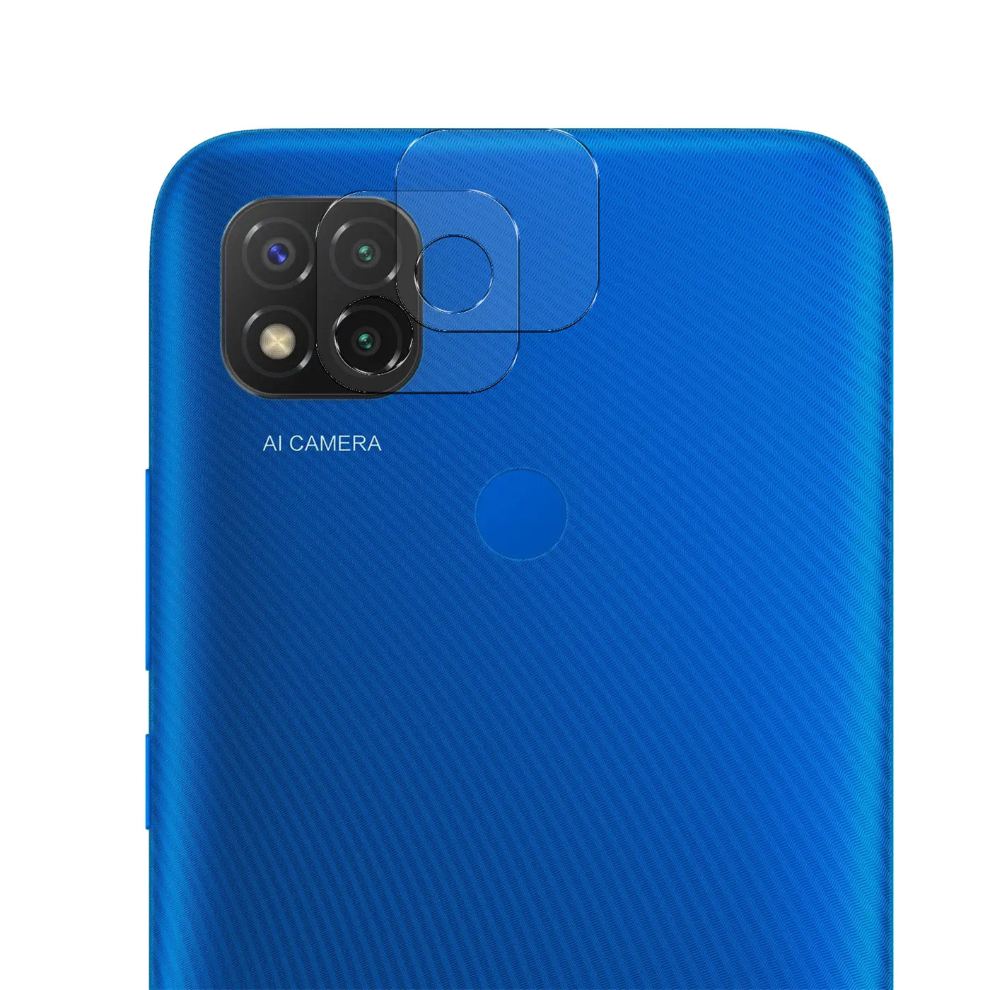 Rückseite eines blauen Xiaomi Redmi 9C mit transparentem Schutzglas auf Kamera und Fingerabdrucksensor, schräg von oben.