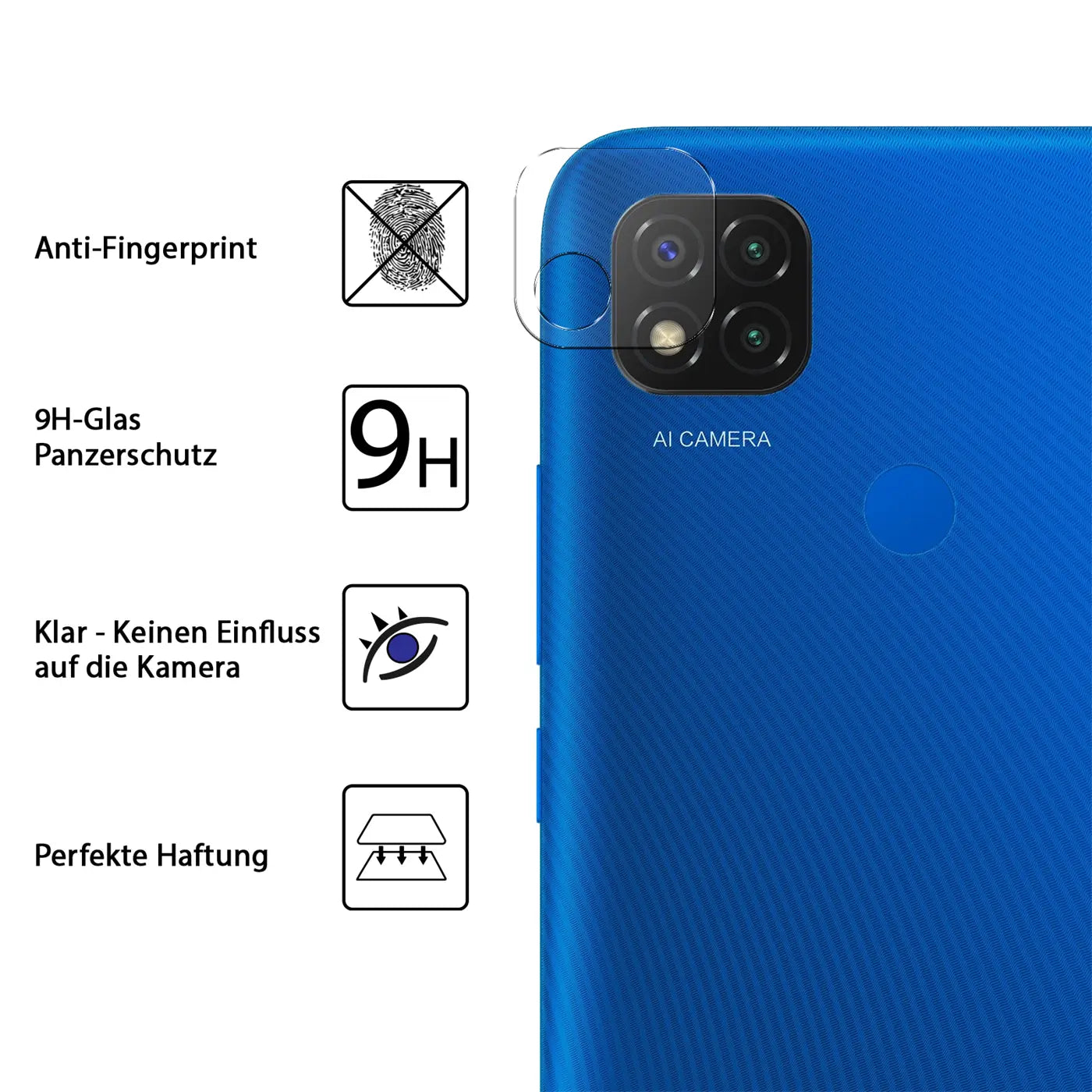 Blaues Xiaomi Redmi 9C Smartphone von hinten, mit aufgelegtem, transparentem Kameraschutzglas. Links Symbole für.
