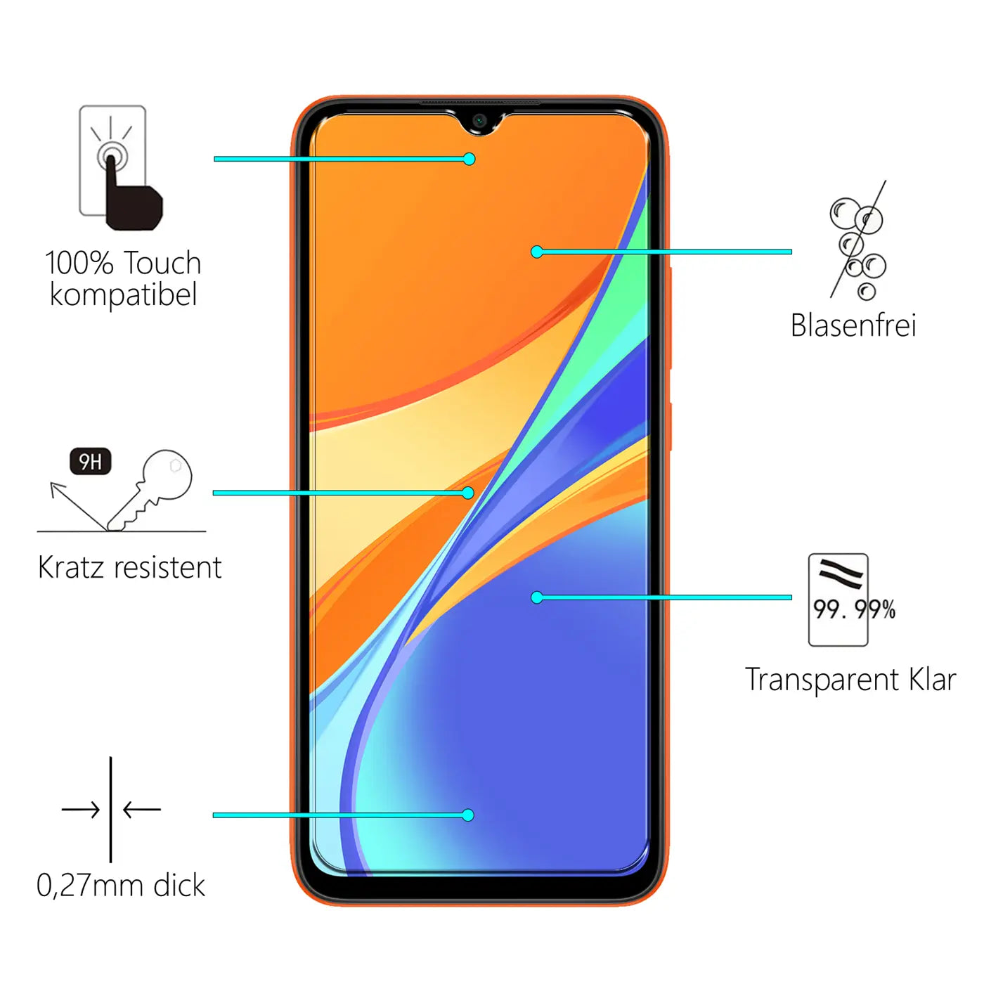 Orangefarbenes Xiaomi Redmi 9C Smartphone, frontal, mit Schutzglas und Infografiken zu Eigenschaften wie Kratzresistenz.