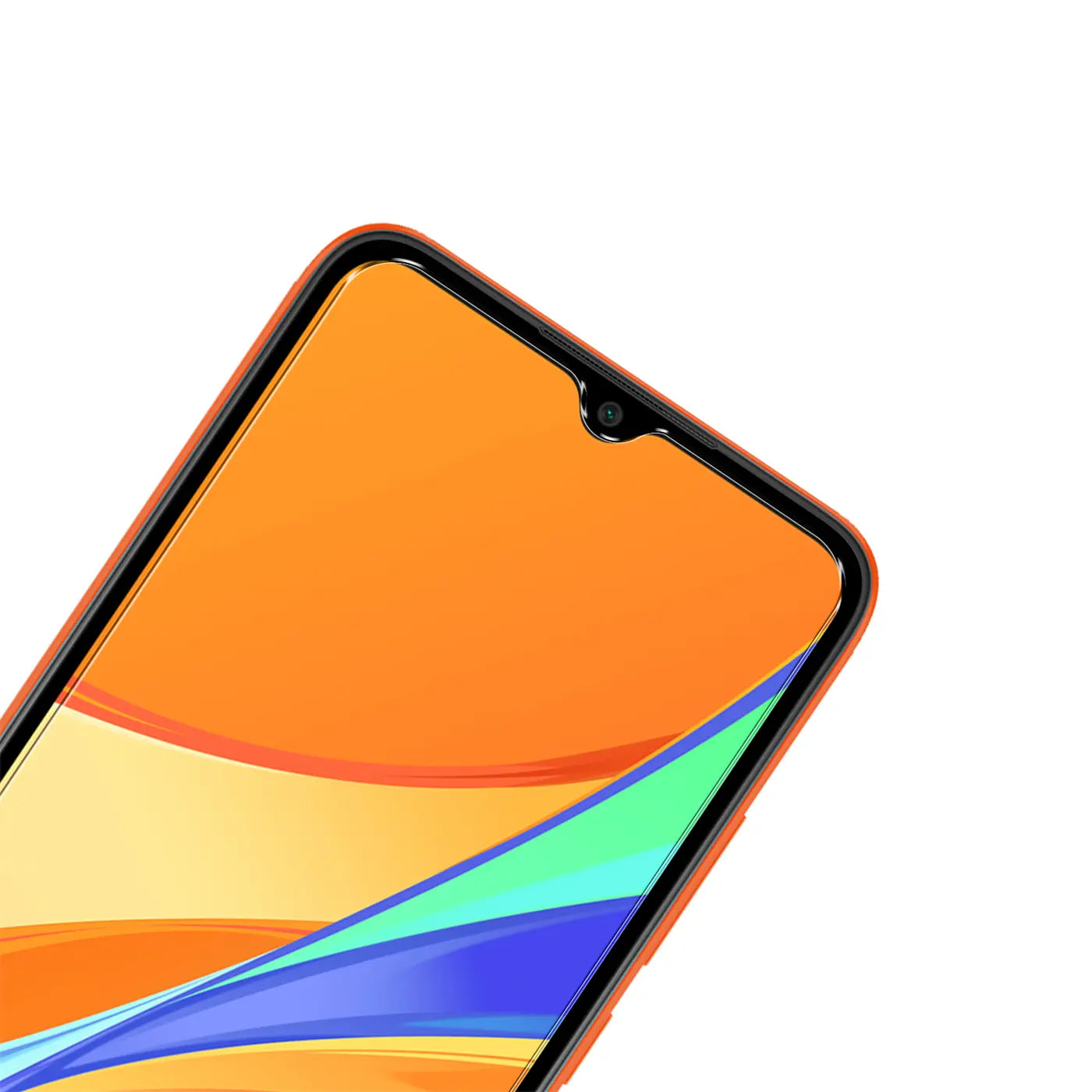 Oberer Teil eines orangen Xiaomi Redmi 9C mit Schutzglas, Frontkamera und bunten Wellen auf dem Display, schräg von oben.