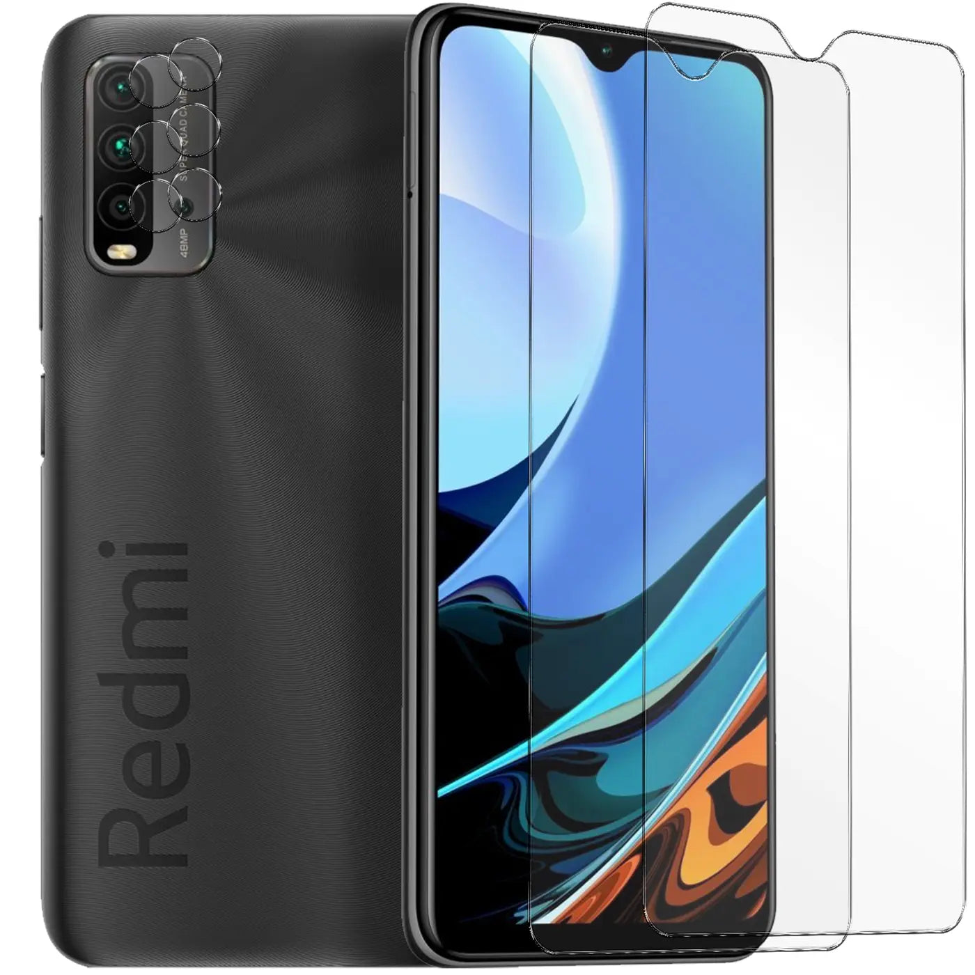 Schwarzes Xiaomi Redmi 9T Handy, Rückseite mit Kameraschutzglas, Vorderseite mit 2 Displayschutzgläsern, schräg von vorne.