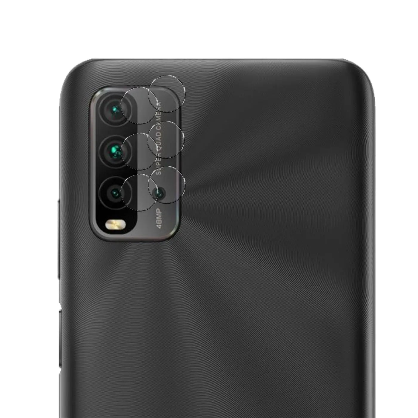 Rückseite eines schwarzen Xiaomi Redmi 9T von oben, mit 4 runden, transparenten Schutzgläsern auf den Kameralinsen.