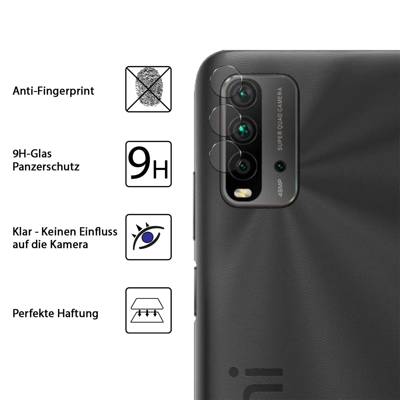 Rückseite eines schwarzen Xiaomi Redmi 9T mit drei runden, transparenten Schutzgläsern auf den Kameralinsen.