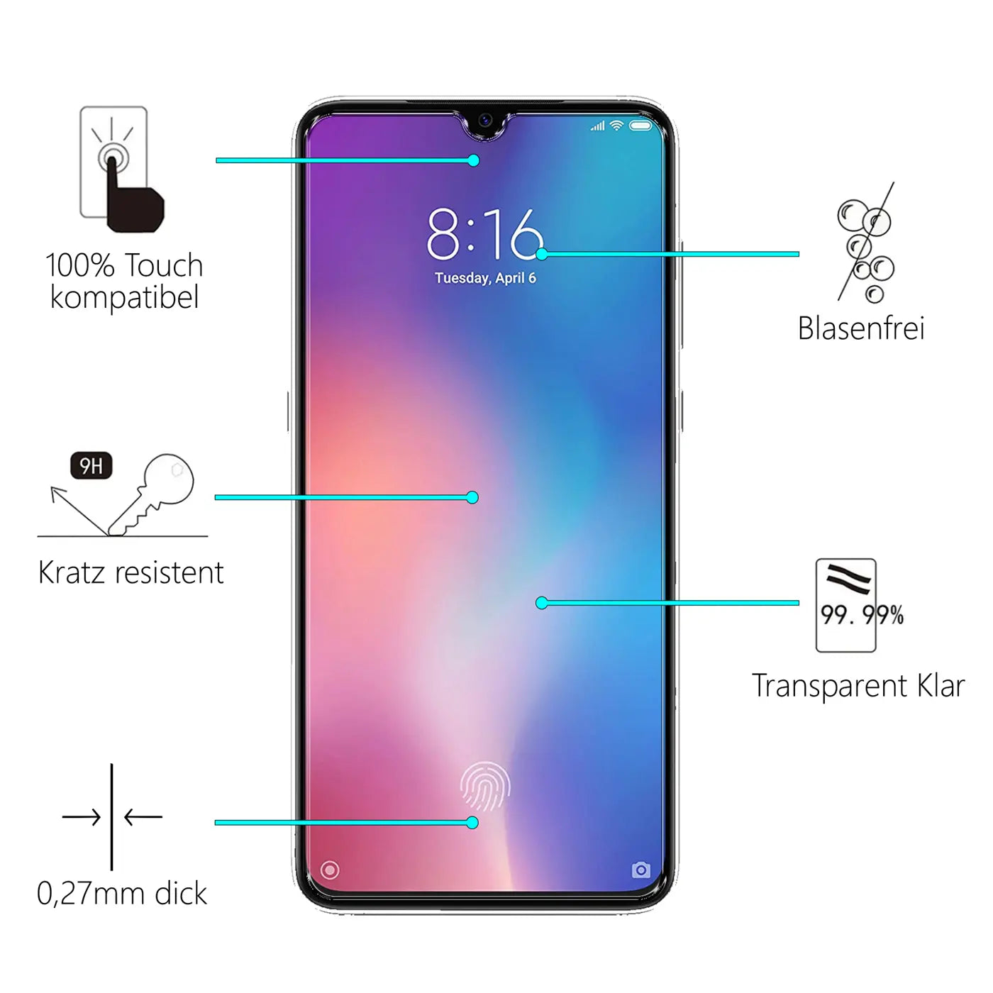 Schutzglas auf Xiaomi Redmi 9T, Frontansicht. Eigenschaften: 100% Touch, kratzresistent, blasenfrei, transparent, 0,27mm.
