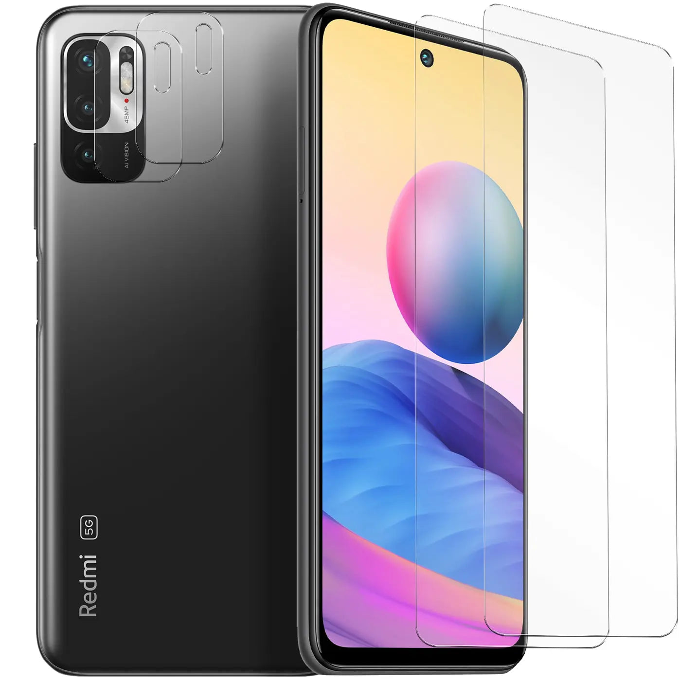 Xiaomi Redmi Note 10 5G in Grau, schräg von hinten rechts. Zwei transparente Schutzgläser für Display und Kamera.