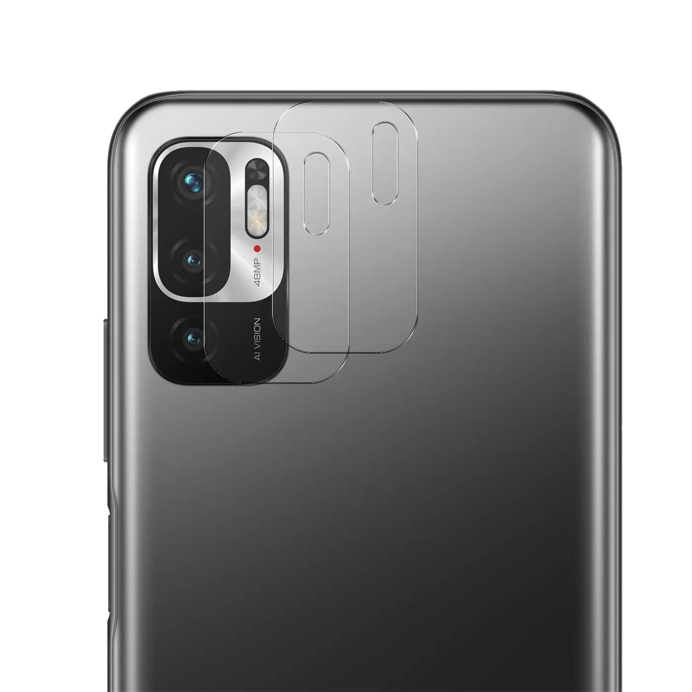 Rückseite eines Xiaomi Redmi Note 10 5G in Grau mit zwei transparenten Schutzgläsern für die Kamera, schräg von oben.