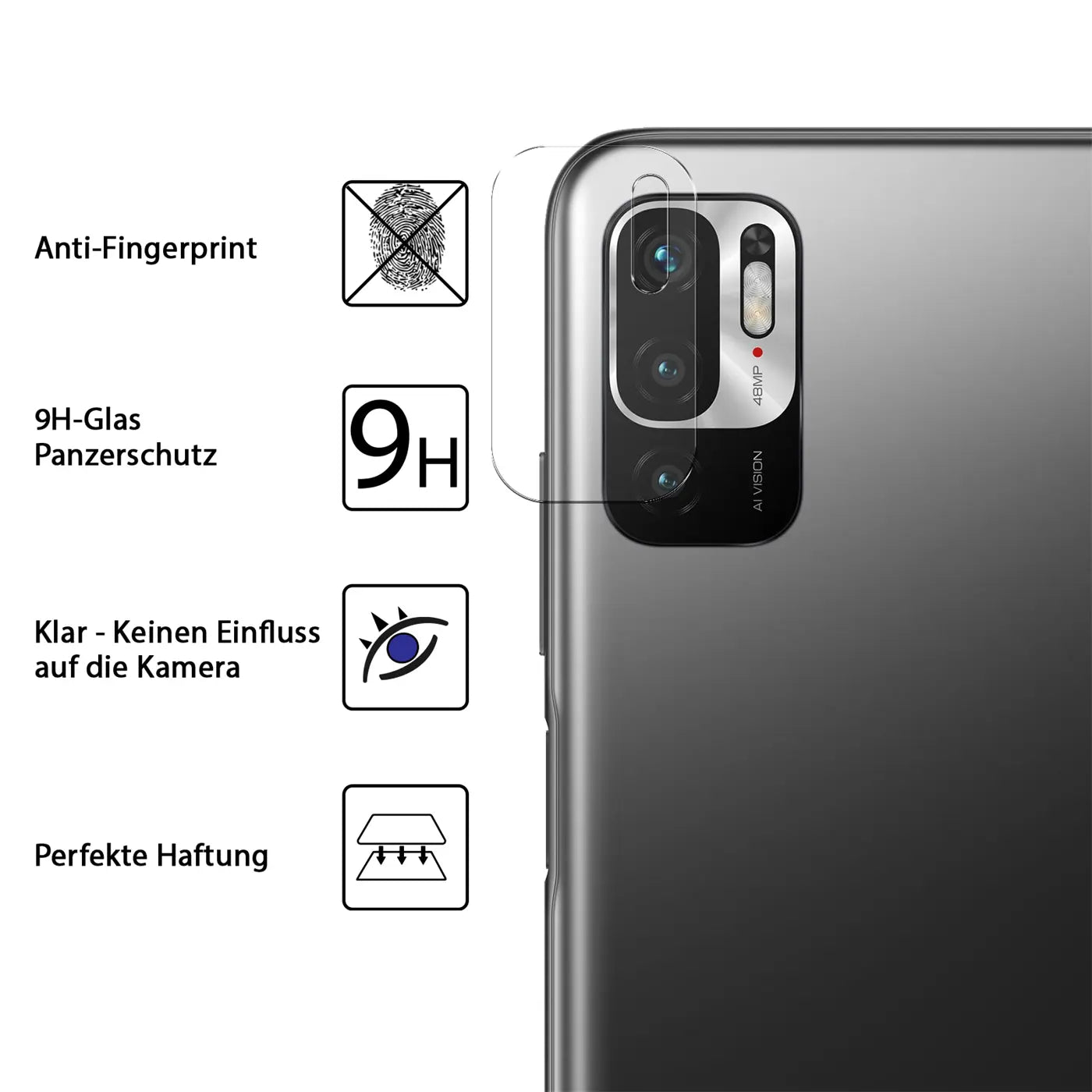 Rückseite eines grauen Xiaomi Redmi Note 10 5G mit transparentem Schutzglas auf der Kamera, von schräg hinten.