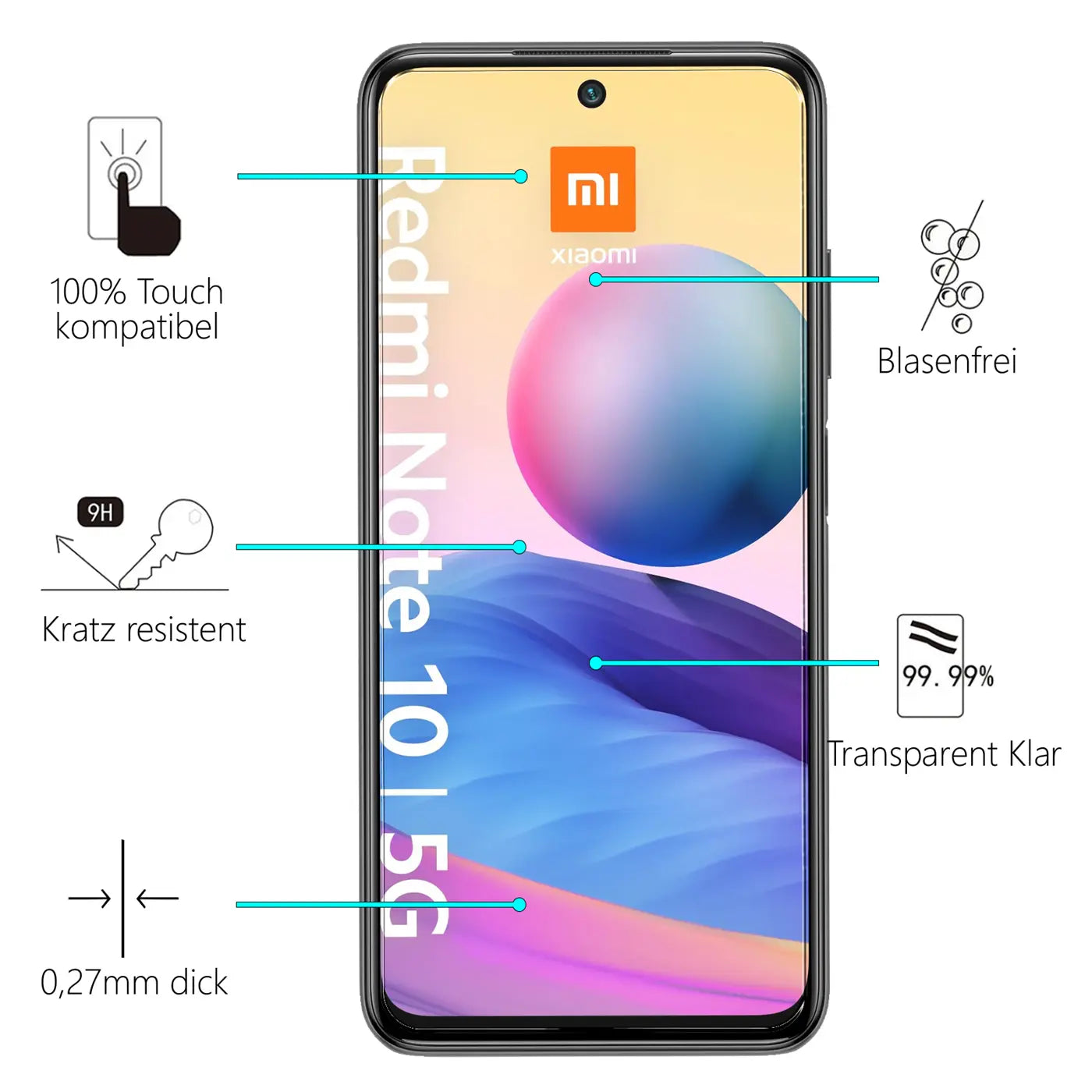 Vorderansicht eines schwarzen Xiaomi Redmi Note 10 5G mit Schutzglas und Beschreibungen der Eigenschaften.