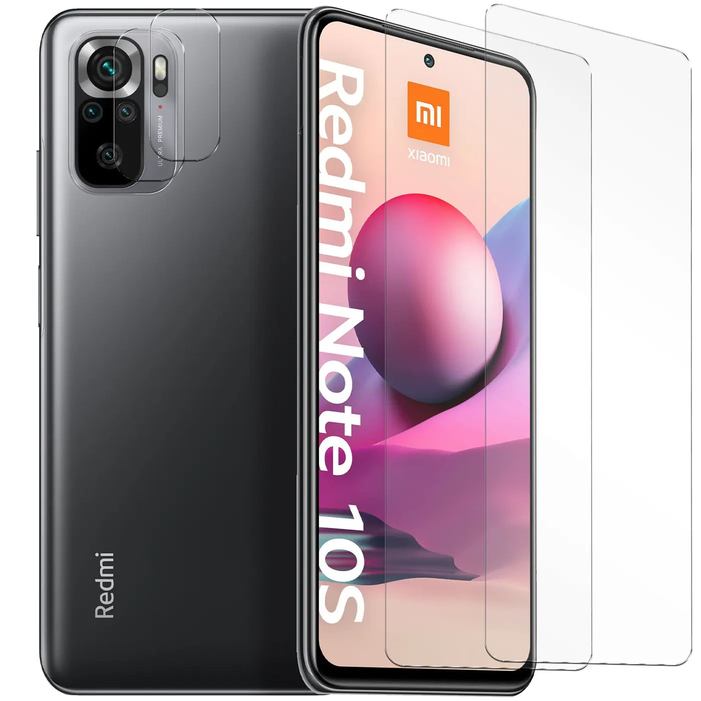 Dunkelgraues Xiaomi Redmi Note 10S von hinten und vorne, mit 2 transparenten Schutzgläsern für Display und Kamera.