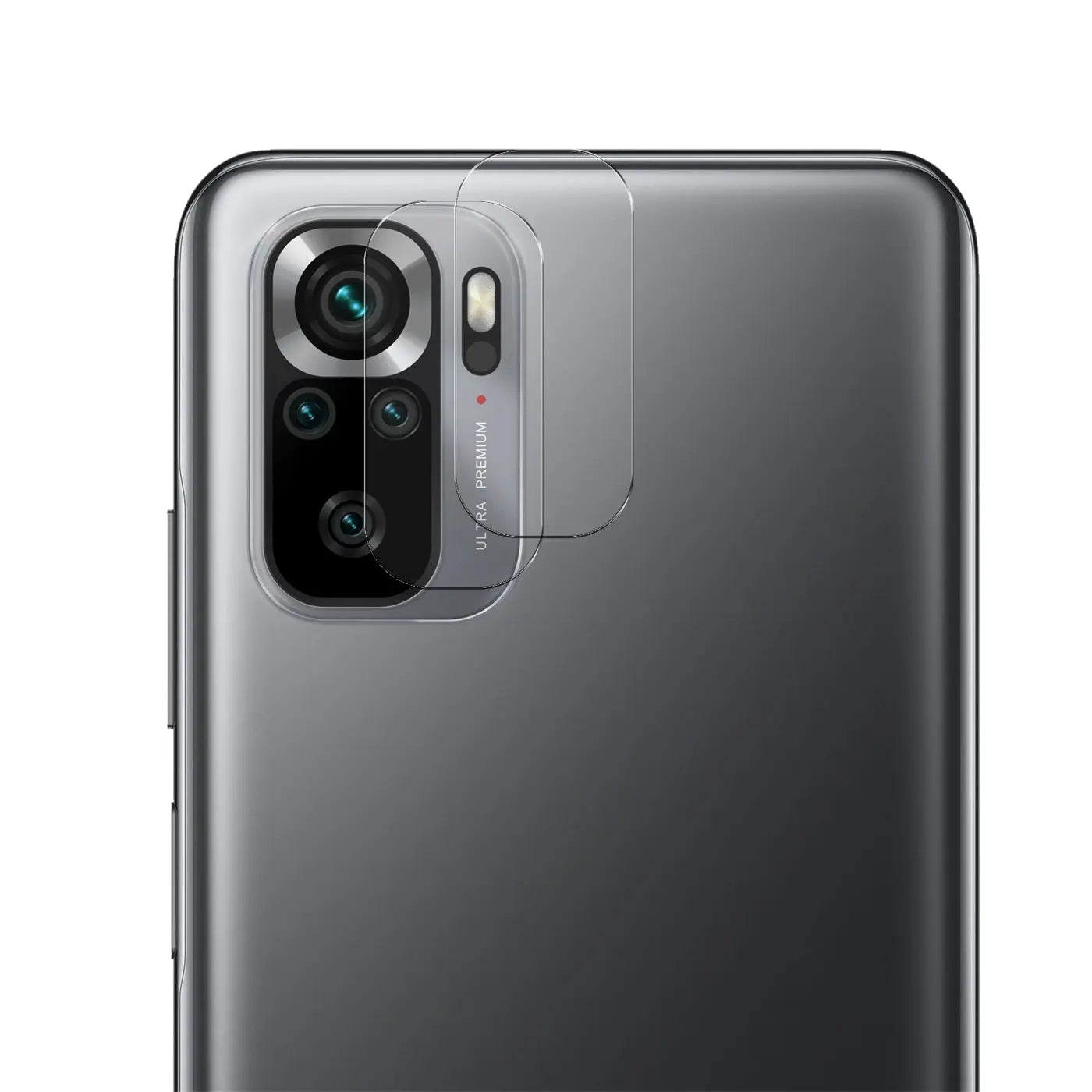 Rückseite eines grauen Xiaomi Redmi Note 10/10S mit zwei transparenten Schutzgläsern auf der Kamera, schräg von oben.
