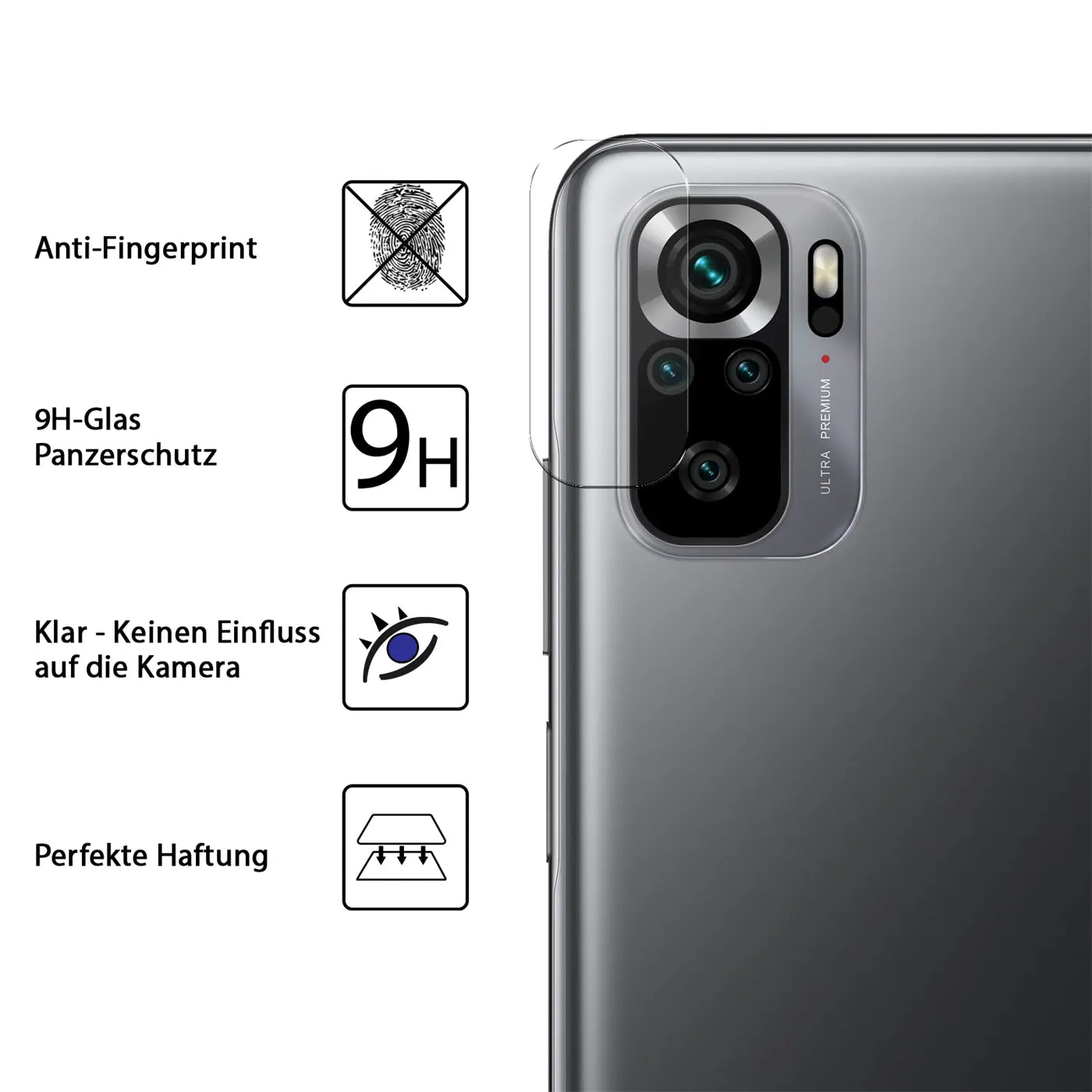 Klares Schutzglas auf der Kamera eines grauen Xiaomi Redmi Note 10 / 10S, schräg von hinten rechts.