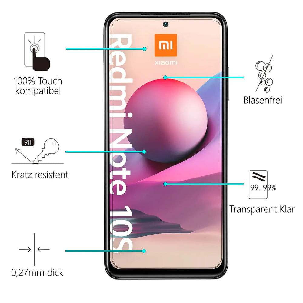 Schwarzes Xiaomi Redmi Note 10/10S Smartphone mit Schutzglas, umgeben von Beschreibungen der Eigenschaften.