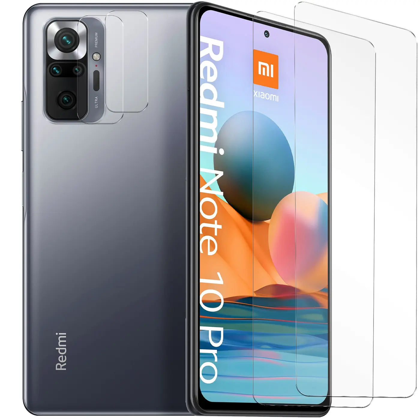 Graues Xiaomi Redmi Note 10 Pro mit zwei transparenten Schutzgläsern für Display und zwei für Kamera, schräg von vorne.