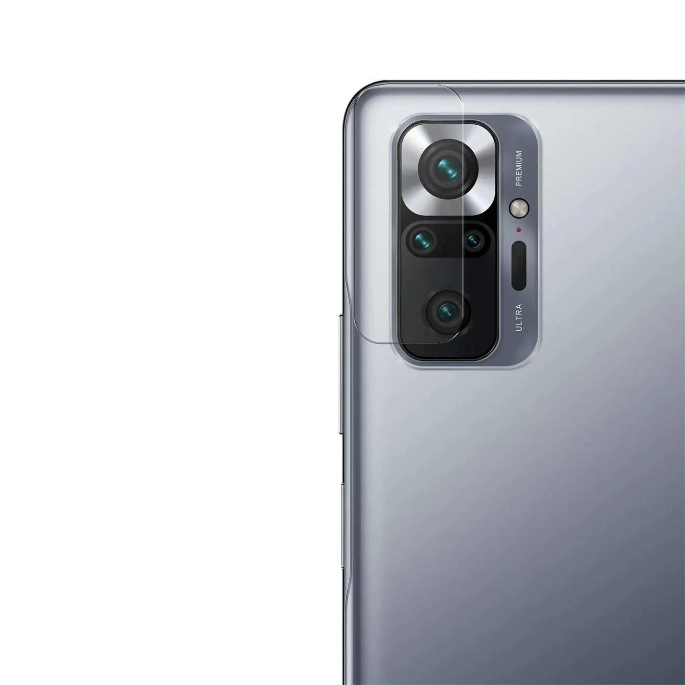 Klares Schutzglas auf der Rückkamera eines grauen Xiaomi Redmi Note 10 Pro, schräg von hinten rechts.