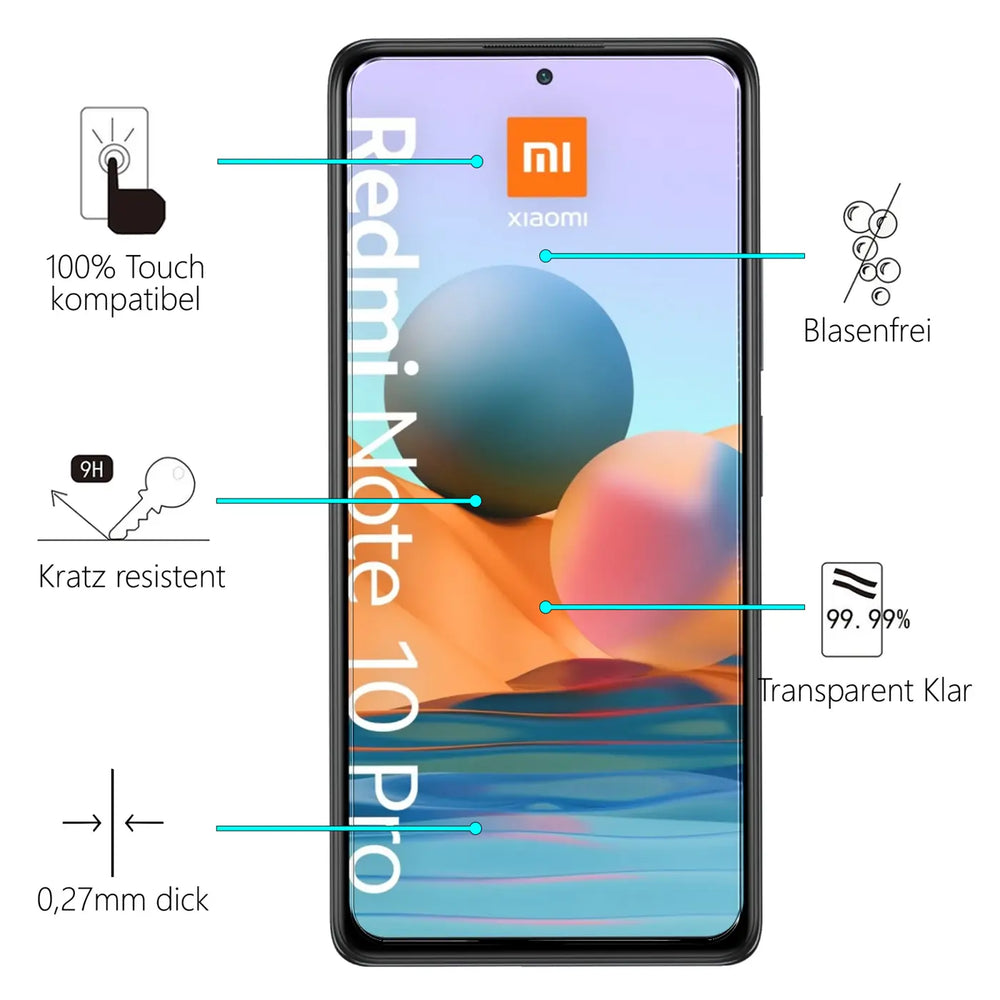 4in1 9H Displayschutz-Set für Xiaomi Redmi Note 10 Pro, 2x Displayglas und 2x Kameraglas