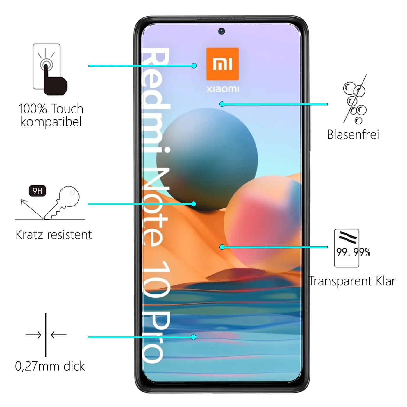 Schwarzes Xiaomi Redmi Note 10 Pro Smartphone mit Schutzglas, von vorne, Eigenschaften wie kratzfest und blasenfrei.