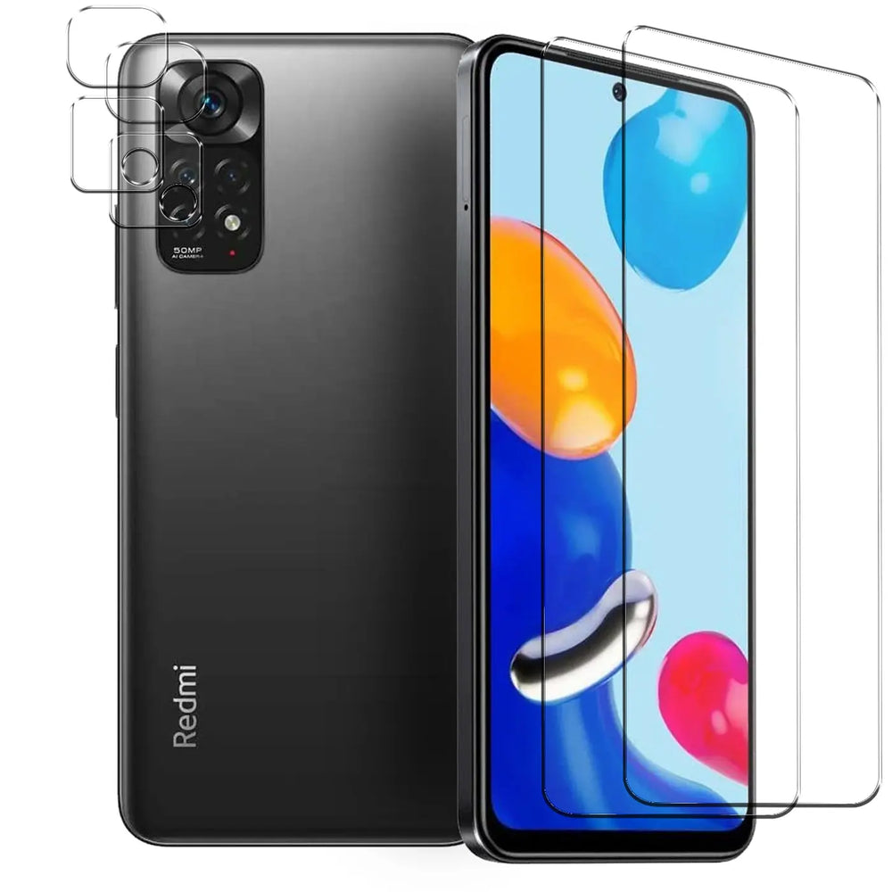 Schutzglas-Set für Xiaomi Redmi Note 11. Zwei transparente Display-Schutzgläser und drei Kamera-Schutzgläser.