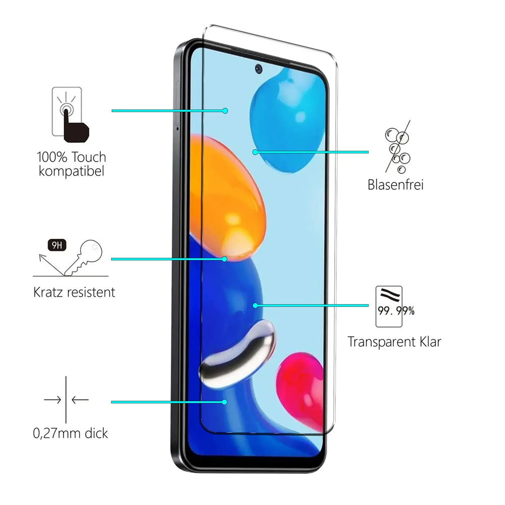 Transparentes Schutzglas für Xiaomi Redmi Note 11 auf schwarzem Handy, leicht schräg von oben, mit Infografiken.