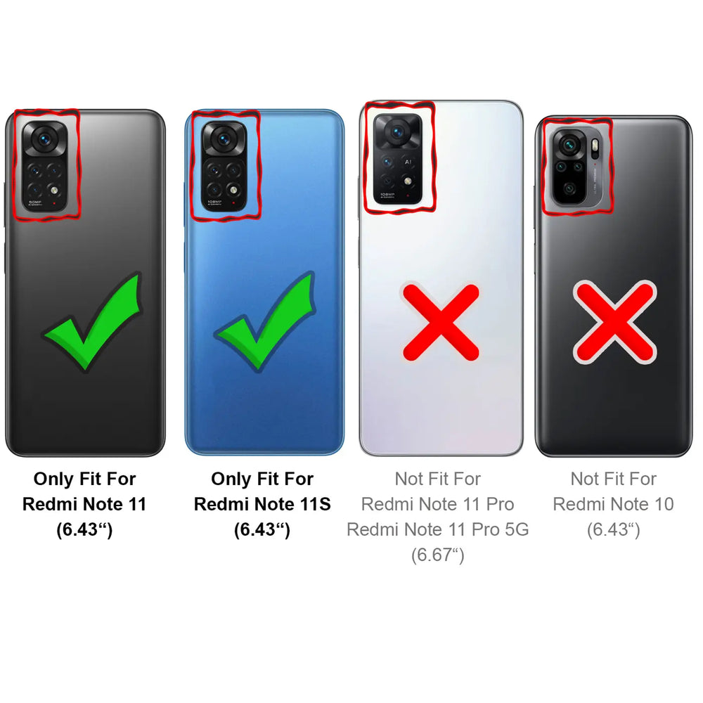 Vier Smartphone-Rückseiten (schwarz, blau, weiß, grau) mit Kameraausschnitten und Haken/Kreuzen zur Passform-Demonstration.