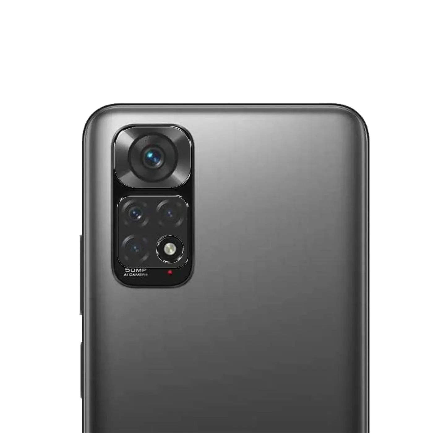 Rückseite des Xiaomi Redmi Note 11 in Dunkelgrau, mit vertikalem Kamera-Modul und vier Linsen, von oben links.