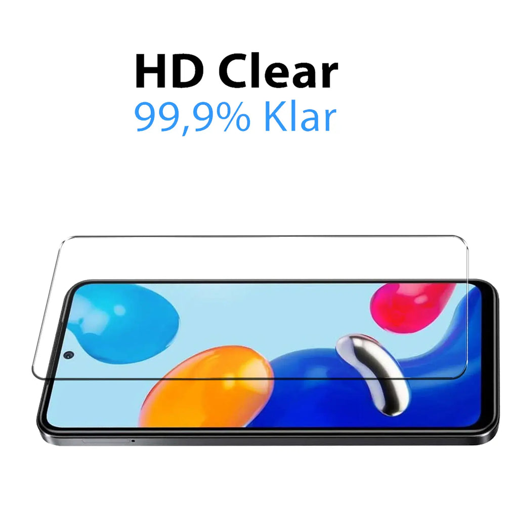 Klares Schutzglas für Xiaomi Redmi Note 11, schräg über dem Display liegend, von oben rechts gesehen.
