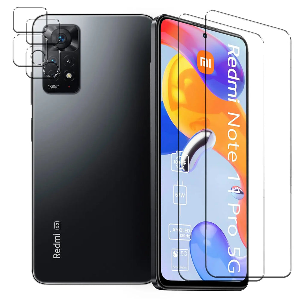 Schutzglas-Set für Xiaomi Redmi Note 11 Pro / Note 11 Pro 5G. Drei klare Displayschutzfolien und drei Kameraschutzgläser.