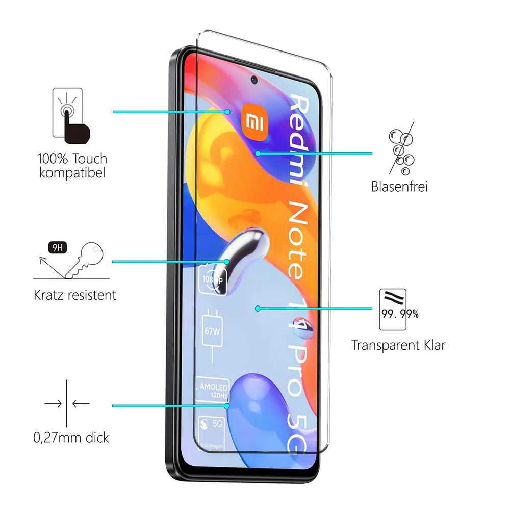 Schutzglas auf Xiaomi Redmi Note 11 Pro / Note 11 Pro 5G Smartphone, schräg von vorne, mit Eigenschaften.