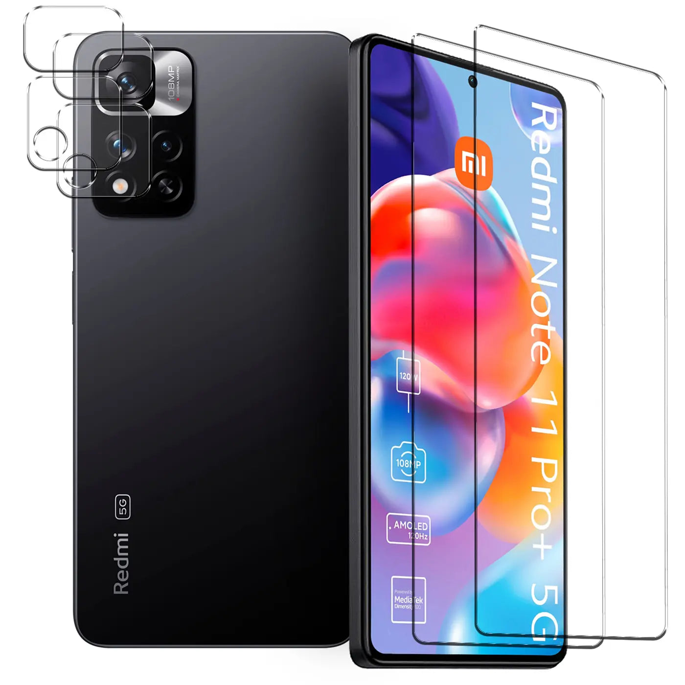 Schwarzes Xiaomi Redmi Note 11 Pro+ 5G mit 2 Displayschutzfolien und 3 Kameraschutzgläsern aus Glas, schräg von vorne.