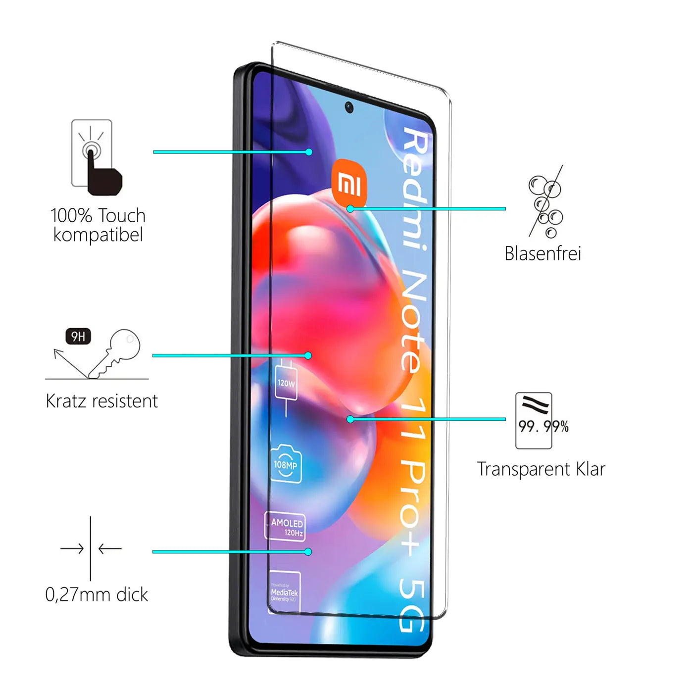 Transparentes Schutzglas für Xiaomi Redmi Note 11 Pro+ 5G, schräg von vorne auf schwarzem Smartphone.